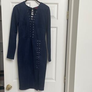 WOW couture Navy Lace-Up Long Sleeve Midi Dress